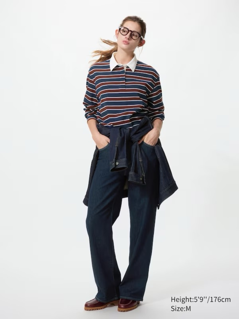 Uniqlo Washed Cotton Burgundy Maroon Red and Navy Blue Striped Polo Shirt - Picture 3 of 6